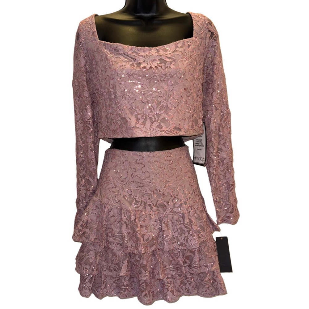 NWT ‘City Studio’ lilac lace long-sleeve crop top and skirt set - size 15